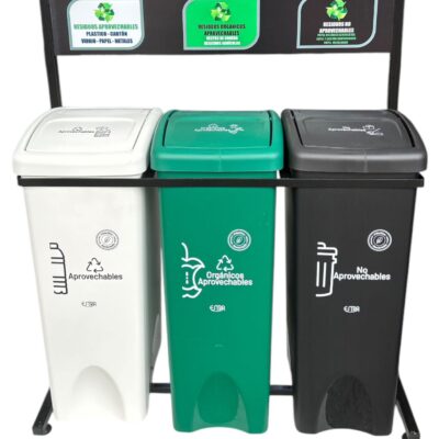 PUNTO ECOLÓGICO PLASTIRED TRES PUESTOS  DE 53 LITROS TAPA VAIVÉN PLASTICO RECUPERADO