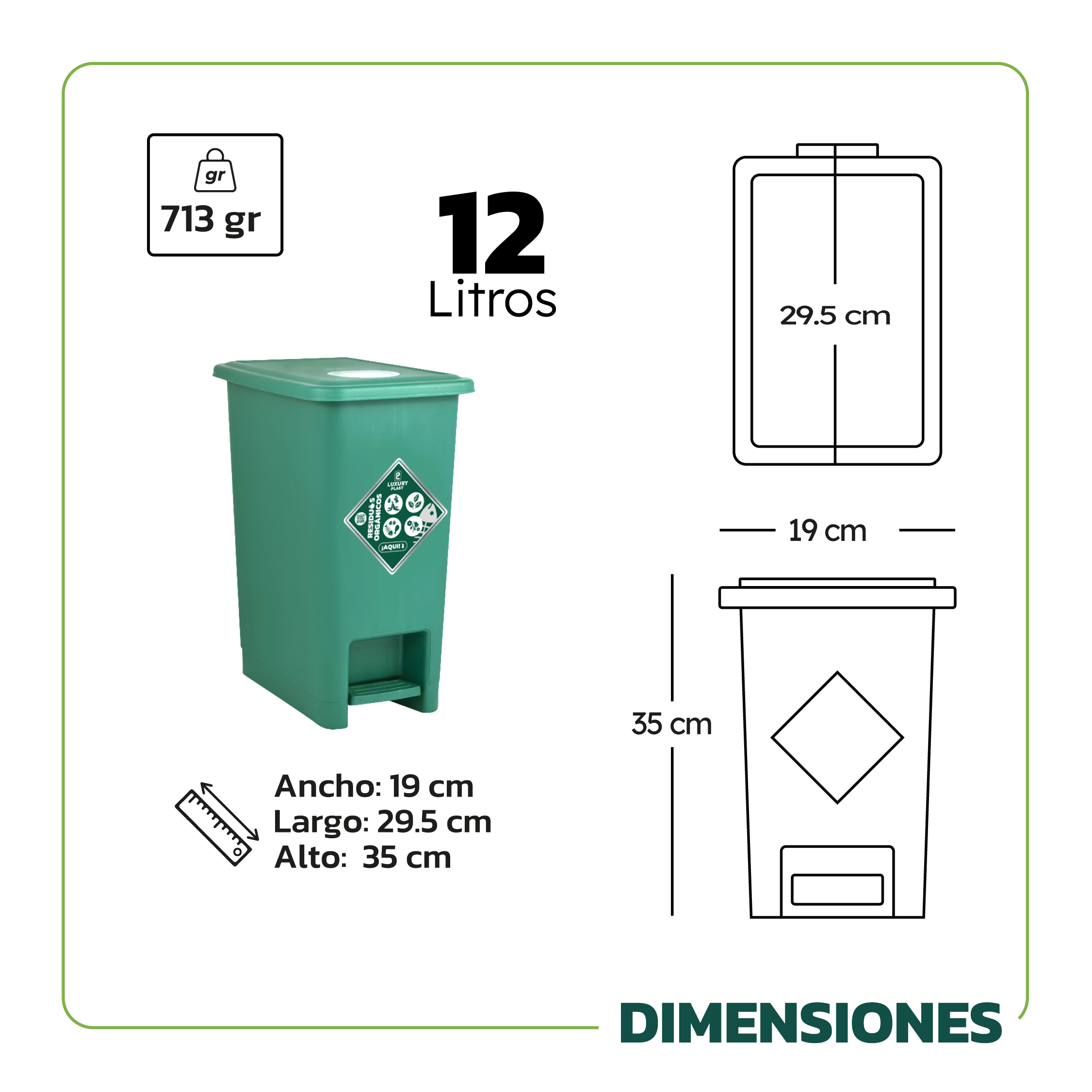 Papelera plástica 12 litros pedal con sujetador de bolsa
